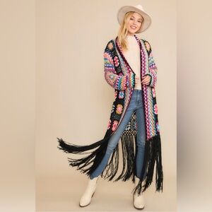 Colorful Granny Square Fringe Crochet Duster / Cardigan